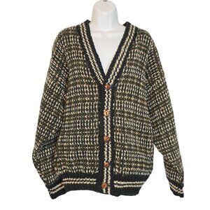 J. Peterman Co Size M Black Brown White Heavy Knit 100% Wool Cardigan Sweater